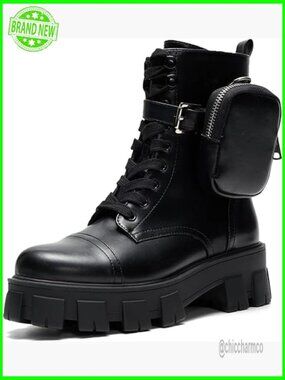 Lace Up Chunky Platform Combat Boots with Zippered Pouch